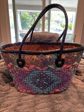 Patricia Nash Handcrafted Multicolor Farmers Basket Embroidered Tote